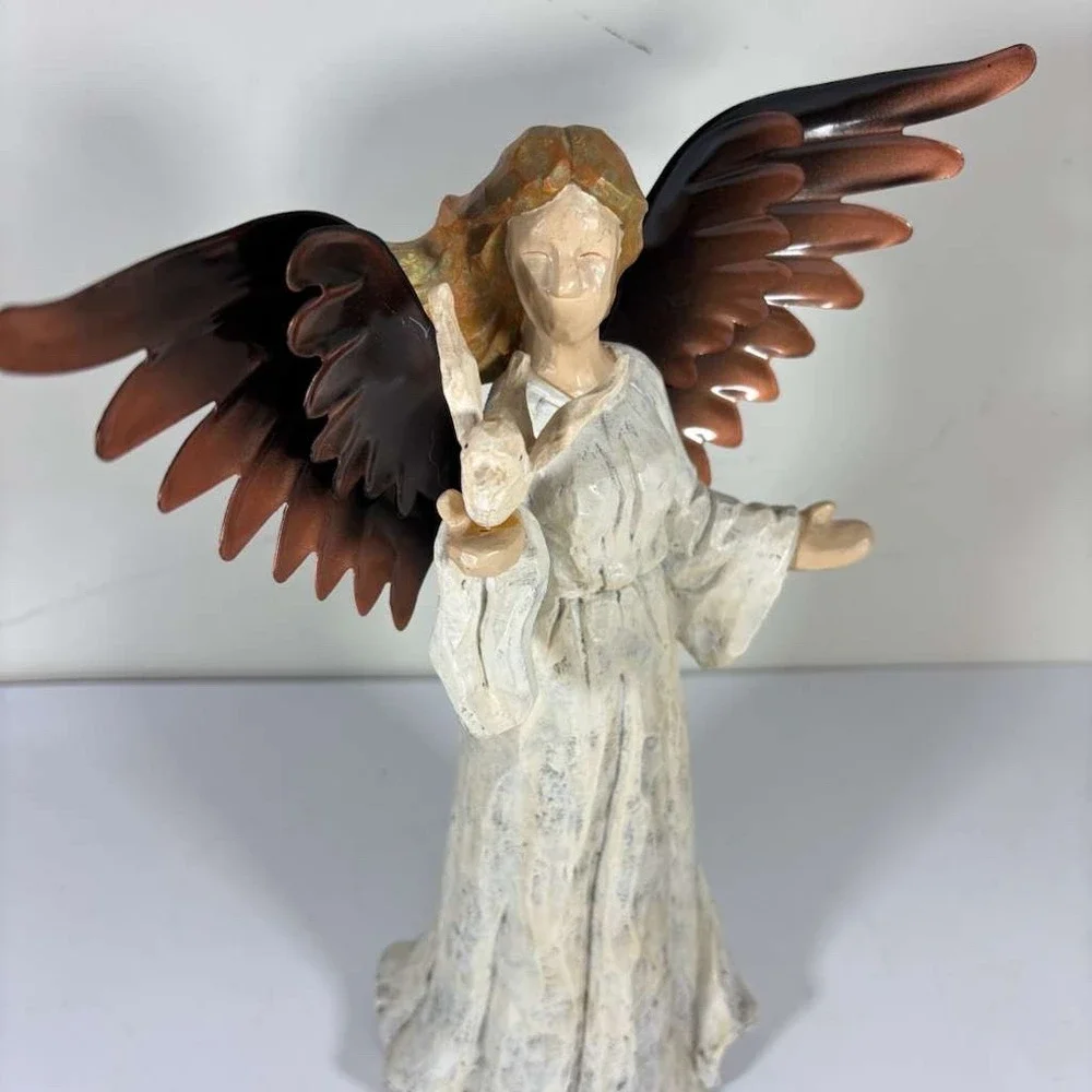 Angel‎ Sculpture Carved Wood Copper Metal Wings With Small Dove 11